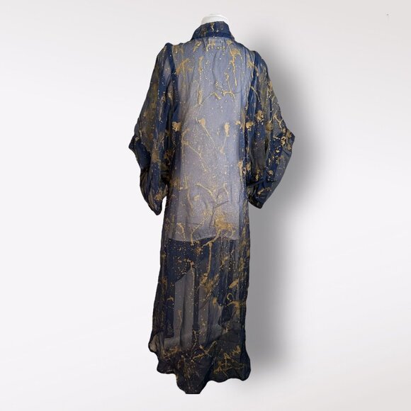 Victrola Navy Blue and‎ Gold Splatter Sheer Kimono - Picture 3 of 5